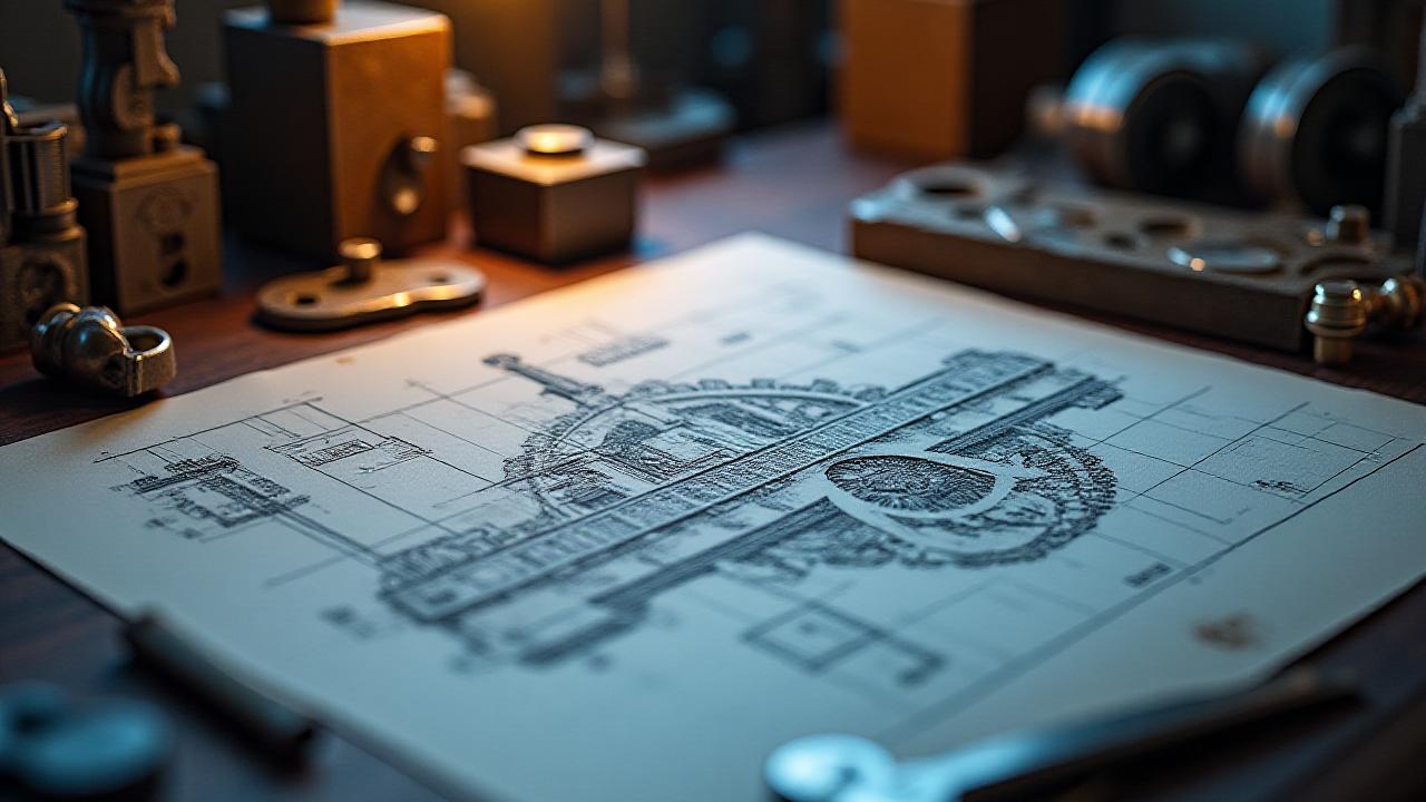 Industrial design drafting with blueprint and steel elements
